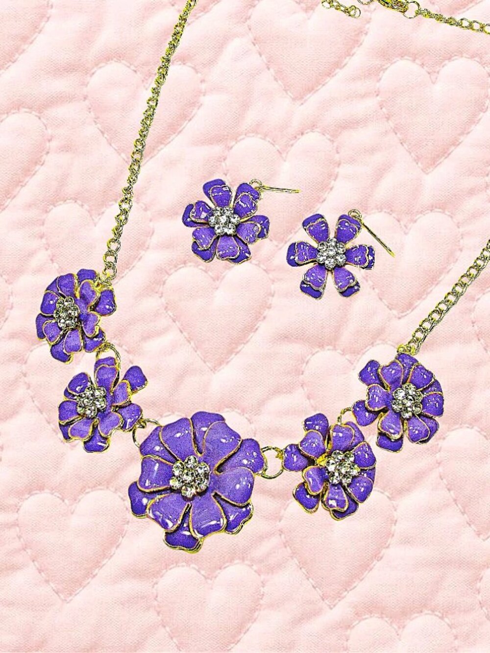 Purple Flower Necklace Earring Set Enamel Crystal Floral Jewelry Gold Tone New